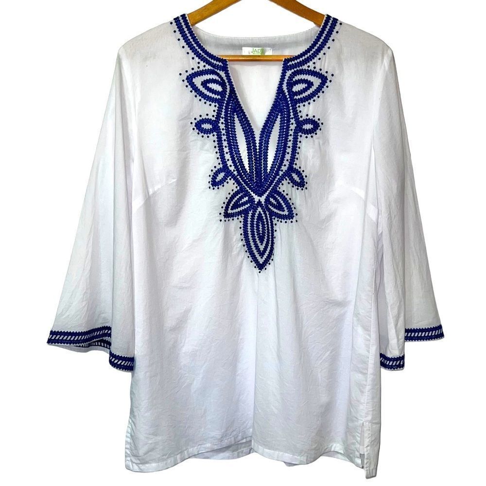 Jade Melody Tam Coastal Grannycore Boho Embroidered Resortwear Tunic Top L